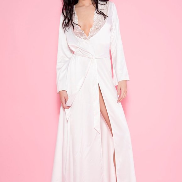 Long White Satin Robe with Lace Trim Size OS - Picture 2 of 4